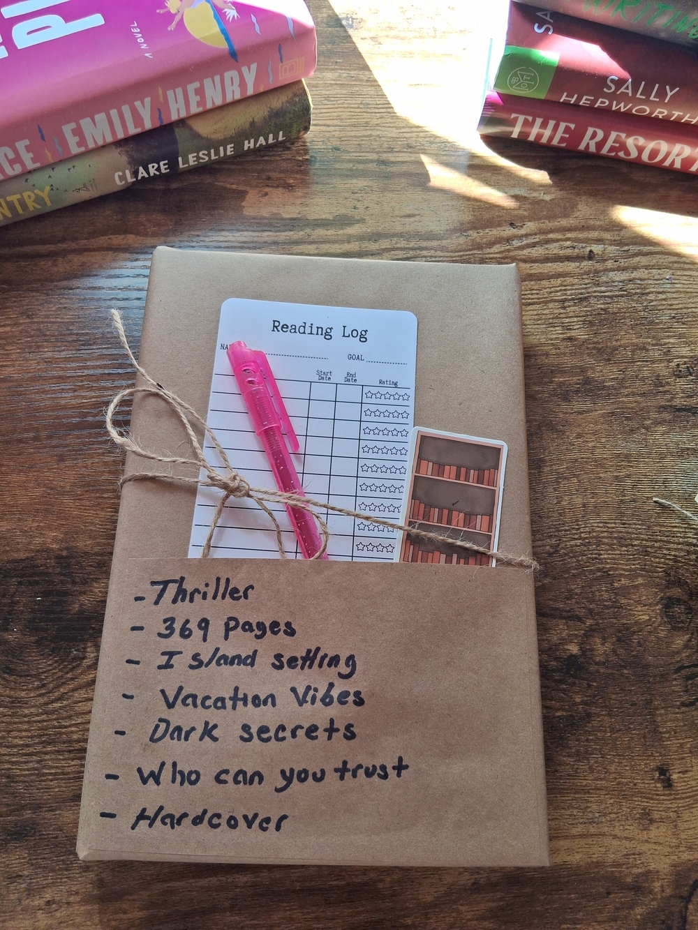 Blind Book Date Brown Kraft Wrapped Hardcover Book with Pink Pen and Reading Log